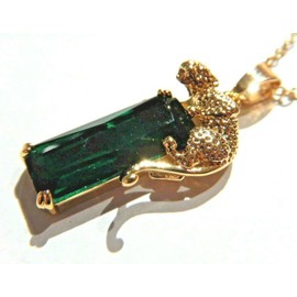 Goldtone Jaguar Leopard on Green Glass Stone Pendant on Dainty Chain Necklace, Metal, Glass, glass
