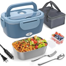 Monteka Electric Lunch Box Food Heater - Leakproof Portable Food Warmer heated lunch box for adults for Car/Home/Truck with 1.5L Removable Stainless Steel Container, 12V/24V/110V, Blue