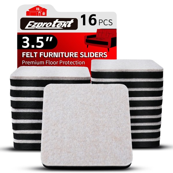 Ezprotekt Furniture Sliders, 16 Pack 3-1/2" Square Felt Slider Furniture