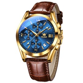 OLEVS Mens Watches-Chronograph Fashion Casual Analog Quartz Watch Waterproof, Dress Luminous Wrist Watches with Leather Strap for Men Black/Brown/White/Blue Dial (brownbandgoldcasebluedial)