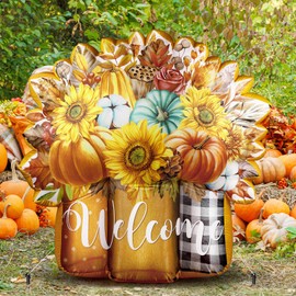 Halloscume 5ft Fall Inflatable Outdoor Decoration Blow up Autumn Mason Jar Flowers Built in LED Lights for Thanksgiving Day Yard Lawn Supplies