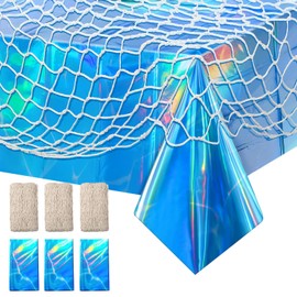 Unittype 6 Pcs Fish Net Decorative and Tablecloth Set, Cotton Fishnet and Plastic Table Cover Decorations Set for Nautical Themed Party Baby Shower Pirate Decorations Mermaid Party (Iridescent Wave)