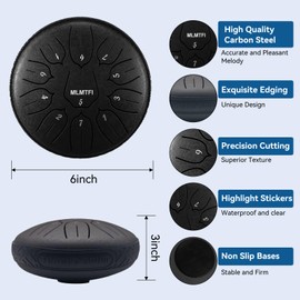 MLMTFI Steel Tongue Drum, 6 Inches 11 Notes Rain Drum for Outside, Waterproof Meditation Rain Chime Musical Instruments for Kids Adults, Metal Hand Drums with Bag Music Book Drum Mallets (Black)