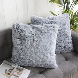 Uhomy 2 Packs Home Decorative Fluffy Pillow Covers 20"x20", Full Winter Luxury Series Fluffy Soft Faux Fur Throw Pillow Covers Cushion Cases for Sofa Bed Farmhouse Decor Black Ombre 50x50 cm