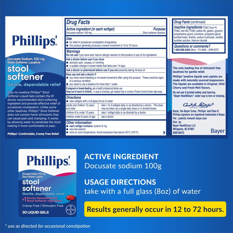 Phillips' Stool Softener Liquid Gels, 30 Count - Pack of