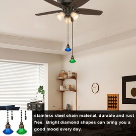 Akahttbn 2pcs Crystal Diamond Ceiling Fan Pull Chain Ornament, 12" Ball Chain Blue & Green Fan Light Pulls Decorative Extension with Connector