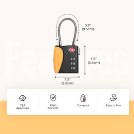 pack all TSA Approved Cable Luggage Locks, 3 Digit Combination Padlocks, Travel Lock for Suitcases & Bag, Alloy Body, Travel Accessories (4 Pack) (Orange)