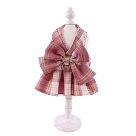 Aki Kumaya Dog Harness Lead Set with Ribbon Cute Plaid Bowknot Mesh (M, Pink)