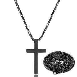 Stainless Steel Cross Necklace for men Silver Cross Necklace for boy cross chain for mens Small Cross Pendant Necklace Simple Jewelry (Black:Cross Pendant 1.0'' * 1.7'', 16.0)