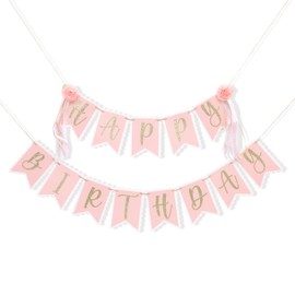Flower Happy Birthday Banner - Little Princess Birthday Party Decorations, Floral Themed Pink Garland, Sweet Happy Party Photo Props, Romantic Home Wall Hanging Garland (Flower Happy Birthday Banner)