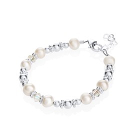 Elegant White Cultured Fresh Water Pearls and European Crystals with Sterling Silver Beads Luxury Keepsake Baby Girl Bracelet Gift (BFWSC_S)