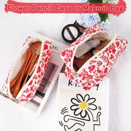 ZLFSRQ 2Pcs Floral Pencil Case Cute Pencil Pouch for Teens Hot Pink Quilted Makeup Bag Small Cosmetic Bag Preppy Pen Bags Aesthetic Toiletry Bags Makeup Pouch for Purse Zipper Skincare Organizer