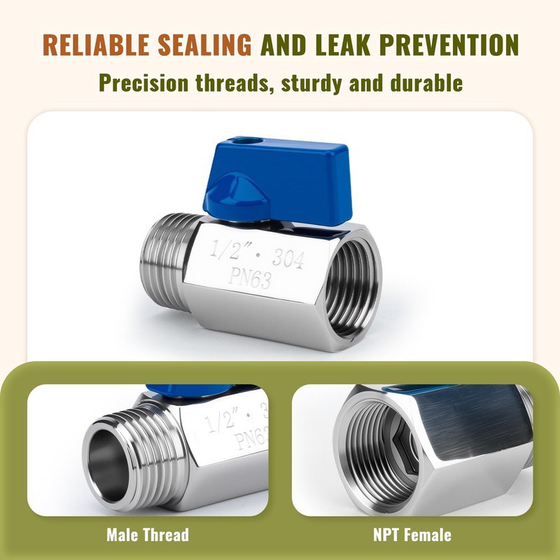 2 Pack 1/2" Mini Ball Valve, 304 Stainless Steel Valve