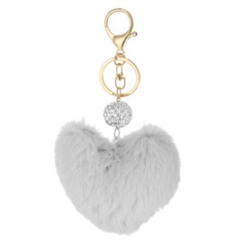 PATIKIL Faux Fur Pom Pom Keychain, Artificial Cute Puff Ball Keychain Heart Fluffy Charm Plush Pendant Chains for Purse Backpack Car Key Bag Tote Handbag, Light Grey