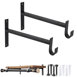 OVOV Closet Rod Bracket Heavy Duty 8 Inch Closet Shelf Brackets with Rod Holder Black Wall Mounted Closet Rod Support Brackets with Hook (2 Pack)