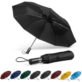 Large Windproof Umbrella, Wind Resistant Compact Travel Folding Umbrellas, Ladies Auto Open Close Strong Wind Proof Rain Proof with 10 Ribs golf umbrella collapsible for Men Women - Color: Black
