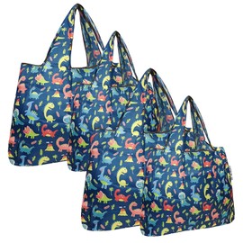 allydrew Large & Small Foldable Tote Nylon Reusable Grocery Bags, Set of 4, Dinosaurs