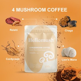 Hellomush Organic Instant Mushroom Coffee Alternative Substitute - Adaptogen Drink with Lion's Mane, Chaga, Reish and Cordyceps