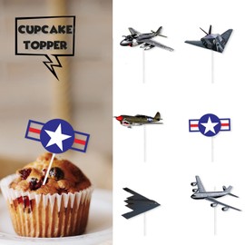 18pcs Military Airplane Dessert Cupcake Topper Aviation Aircraft Theme Decor Supplies Baby Shower Children Boy Girl Happy Birthday Party Decorations Glitter