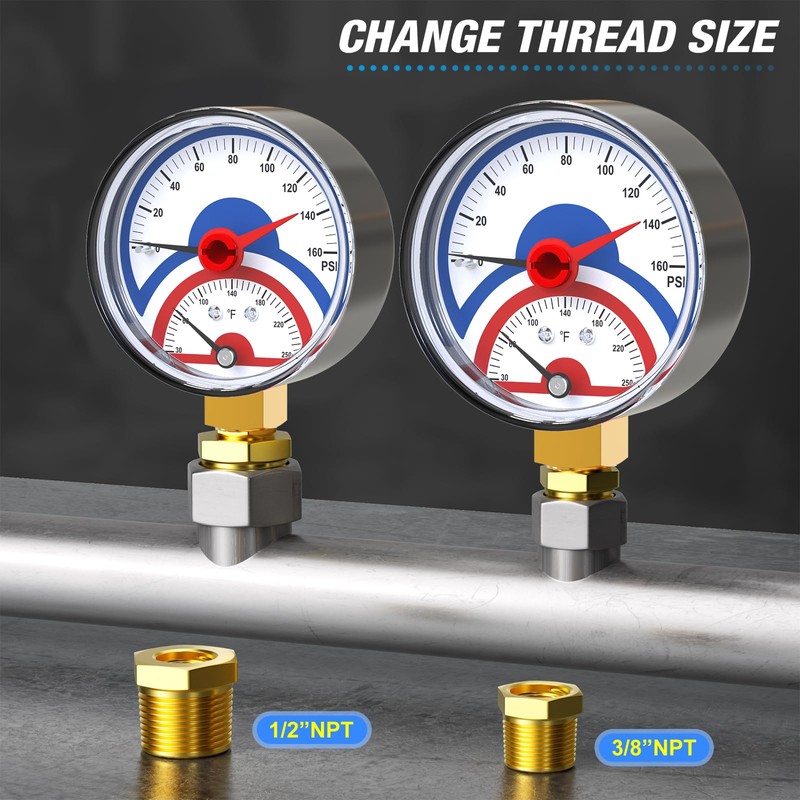 MEANLIN MEASURE 0-160Psi Thermal Pressure Gauge,0-250℉ 1/4" NPT 2.5" FACE