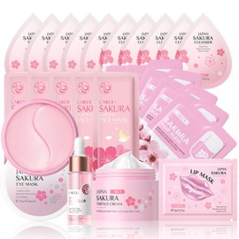 Cherry Blossom Skin Care Sets & Kits, Skin Care Set For Pamper Teenage Girls Gifts, Girls Pamper Set Sakura Facial Kit With Cream,Serum,Eye Mask,Lip Mask,Toner,Cleanser,Face Mask 24PCS