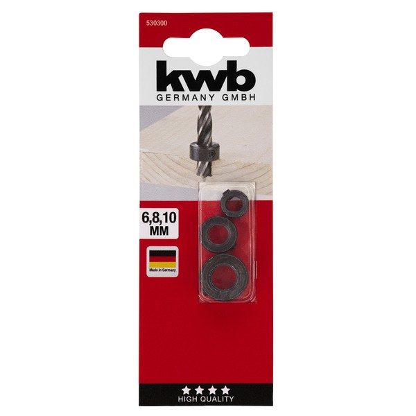 kwb Adjustable Depth Stop Set, 3-Piece, for 6 mm, 8 mm, and 10 mm Drills - Limit Ring, Depth Stop