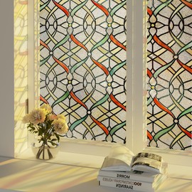 Oxdigi 3D Stained Glass Window Film Decorative Window Tint for Home, Bathroom Window Privacy Film, Static Cling Window Clings, Anti UV Sun Blocking Window Cover Decals Sticker, Ribbons, 23.6"x 35.4"