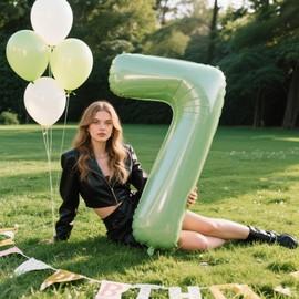 40 Inch Olive Green Balloon Number 7 First Birthday Jumbo Mylar Foil Helium Balloon for 17 27 37 Birthday Digital for 70th Party Wedding Anniversary Party Decorations