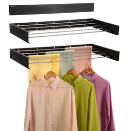 JolyBay Wall Mounted Laundry Drying Rack, Retractable Clothes Drying Rack for Bathroom with Wall Template, 5 Stainless Rods Heaving 60 lb Capacity (Black, 40")