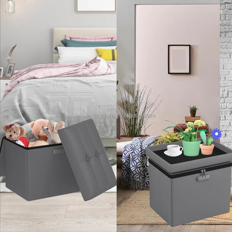 Fireproof Storage Stool 17x13x13 Inch Folding Leather Footstool with Lock