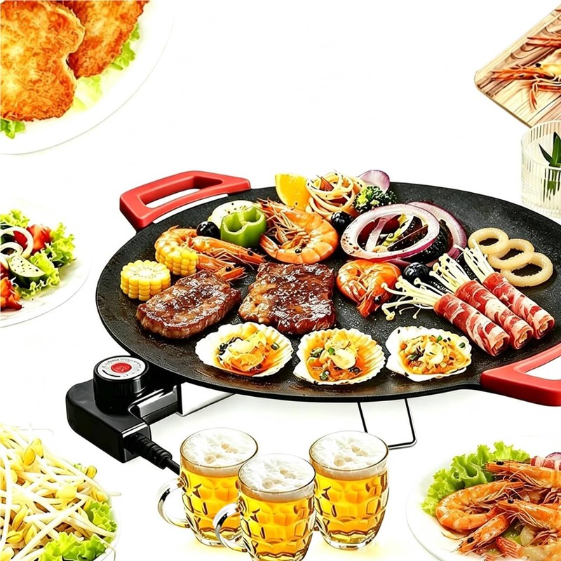 Electric Smokeless Grill, Non-Stick BBQ Griddle with Temperature Control, Round