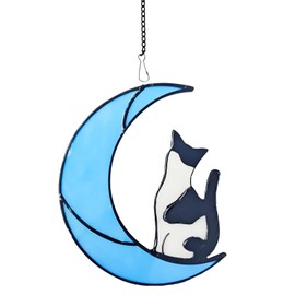 Black and White Cat Moon Suncatcher Tuxedo Stained Glass Hanging Ornament
