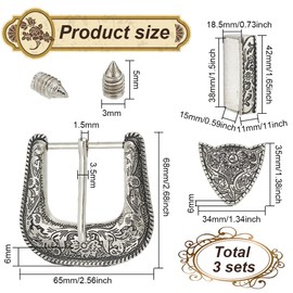 BENECREAT 3 Sets Antique Silver Belt Buck Set, 38mm Wide Western Cowboy Buckle Alloy Belt Buckle Replacement for Interchangeable Buckles