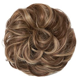 JJstar Hairpiece with Elastic Band, Large Bun Hairpiece, Curly Hair Scrunchie with Hair Updo Hair Extensions, Messy Bun Hairpieces for Women, Girls, Ponytail (Brunette and Honey Blonde)