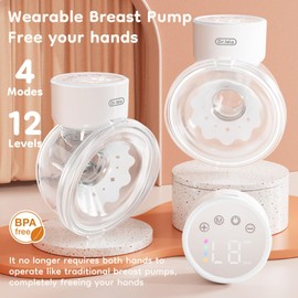 Hands-Free Breast Pump EB29 white, Wearable Pump with Comfortable Double-Sealed Flange(19mm 24mm 27mm), Painless & Silent, 4 Modes & 12 Levels, Memory Function for Easy Pumping, LCD Display, white