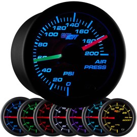 GlowShift Black 7 Color 200 PSI Air Pressure Gauge Kit - Includes 2 Electronic Sensors - Red & Green Analog Needles - Black Dial - Clear Lens - for Air Ride Suspension Systems - 2-1/16" 52mm