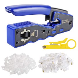uoboeuq RJ45 Crimper Tool Kit, All-in-one Stripper Cutter Crimper Tool for RJ45 Cat6 Cat5 Cat5e Pass-Thru Connectors with 50Pieces Cat6 Ends& 50PCS Covers and 1 Piece Mini Wire Stripper
