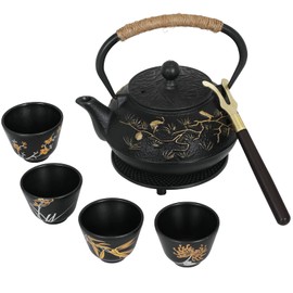 RekRang Longevity Crane Cast Iron Teapot, Japanese Style Tetsubin Tea Kettle with 4 Cups, Removable Infuser and Trivet, Antique Cast Iron Tea Set for Stove, 800ml, 28Ounce