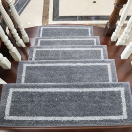 COSY HOMEER Soft Stair Treads Non-Slip Carpet Mat 28inX9in Indoor Stair Runners for Wooden Steps,Stair Rugs for Kids and Dogs, 100% Polyester TPE Backing 10pcs,Grey,Square