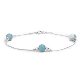 HENRYKA 925 Sterling Silver & Larimar Quartz Gemstone Bracelet | Boho Style Snake Chain & Beaded Bracelet | Unique Summer Jewellery & Holiday Fashion Accessory for Teenage Girls & Women