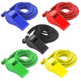 AMANDELIZABE Pack of 5 Sports Whistles with Lanyard, Colours Plastic Whistle, Trill Whistle, Football Whistle, Referee Whistle, Whistles for Coaches, Referees, Teachers, Emergency