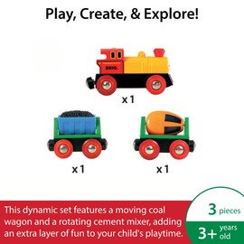 BRIO World Battery Operated Action Train - Motorized for Wooden Tracks - Kids Electric Set - Includes Moving Coal Wagon & Rotating Cement Mixer - Compatible with All Sets - Kids Ages 3 & Up