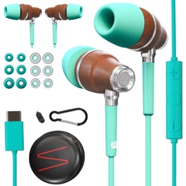 Symphonized Premium Wooden Wired Earphones USB C for Apple Devices & Android Phones with Type-C Port & Microphone, and volume control, 8mm bass drivers granting 3D sound & audio