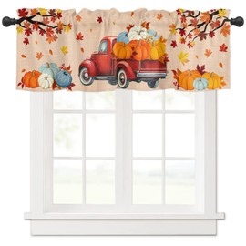 Fall Pumpkin Kitchen Valances Curtains for Windows Thanksgiving Harvest Truck Rod Pocket Valances for Living Room Bathroom ,Autumn Maple Leaf Short Treatments Curtains Fall Seasonal Decor, 54x18in
