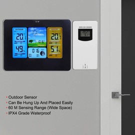 Estación meteorológica, estación meteorológica inalámbrica digital LCD montada en la pared Reloj Termómetro Humedad Tiempo Clima para interiores y exteriores 17 * 3 * 13 cm(Negro)