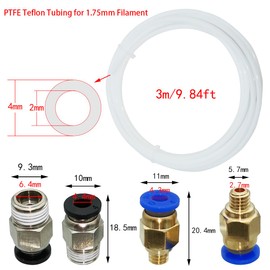 CESFONJER PTFE Hose White 3 Metres with 2 PC4-M6 Pneumatic Connectors and 2 PC4-M10 Connector and Pipe Cutter for 3D Printer 1.75 mm Filament
