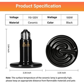 HealSmart Reptile Heat Lamp 100W 2-Pack Ceramic Heat Emitter, No Light Emitting Heat Bulbs for Amphibian Pet Brooder Coop Incubating Chicken, Lizard Bearded Dragon Turtle Snake Terrarium Black