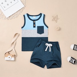 FOCUTEBB - Conjunto de ropa de verano para niños pequeños, sin mangas, con retazos y pantalones cortos, 6 meses-4T, Azul, 3-4 Años