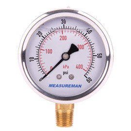 MEASUREMAN 2-1/2inch Dial Size, Liquid Filled Pressure Gauge, 0-60psi/kpa, 304 Stainless Steel Case, 1/4inNPT Lower Mount