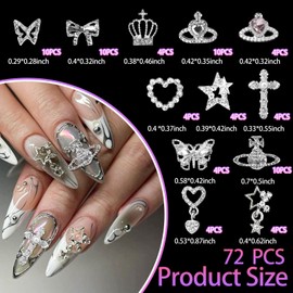 72 Pcs 3D Silver Nail Charms and Gems, Shiny Bows Cross Crown Alloy Nail Gems, Saturn Butterfly Star Heart Planet Nail Jewels Gems, Mixed Style Y2K Nail Decoration Manicure Design Nail Accessories